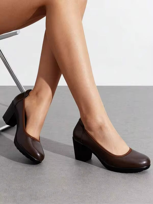Women's Chunky Round Toe Low Block Heels Work Pumps Elegant Comfortable Solid Color Slip On Wedding Office Gift Festival Shoes