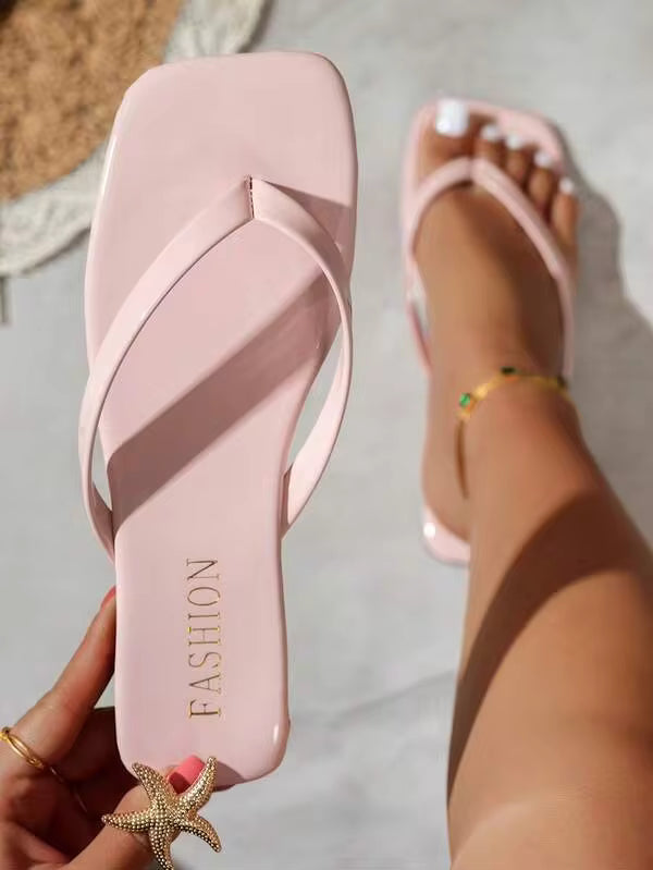 Women's Square Toe Flip Flops, Comfortable Summer Sandals, Shiny Fashion Flat Slippers For Home, Party, Beach, Pink
