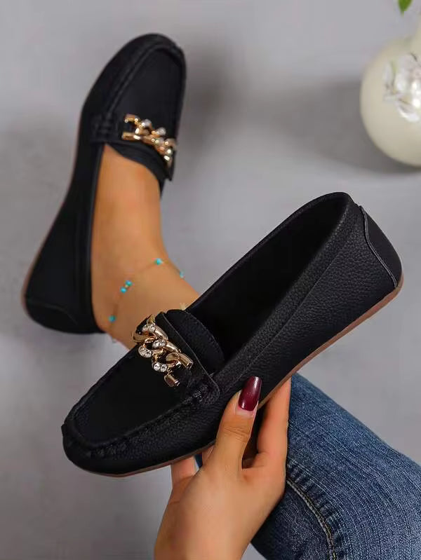 Women's Spring New Arrival Gold Chain Elegant Slip-On Loafer Shoes, Lightweight Comfortable Versatile Rubber Flat Shoes