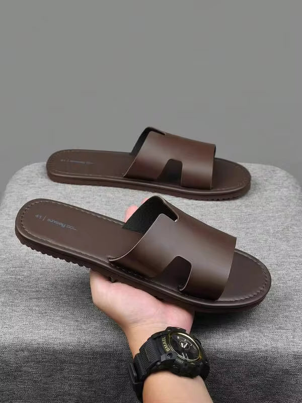 Men's Solid Color Casual Slippers, Microfiber Upper, Casual Non-Slip Open Toe Beach Sandals, Suitable For Indoor And Outdoor Walking, Spring And Summer